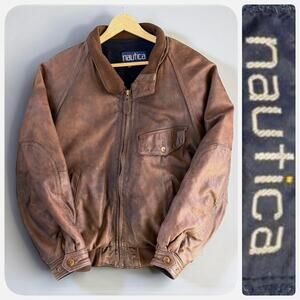 Vintage 90s Nautica Brown Leather Bomber Jacket Oversized Large 42 Wool Lined